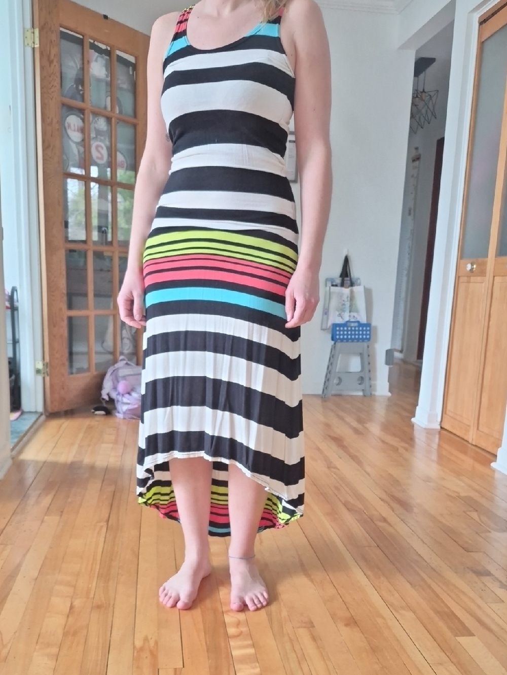 Black & White Striped Racerback Maxi Dress with Neon Stripes
